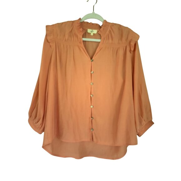 Anthropologie Peach Button-Up Blouse With Ruffle Trim & 3/4 Sleeves Lightweight - Picture 5 of 13